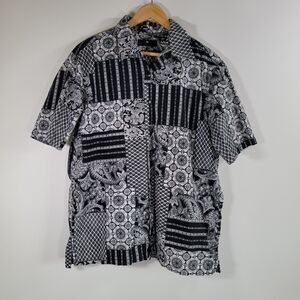 MASSONI Mens Patchwork Print Button Shirt Sz L Black Boho Cotton Lightweight